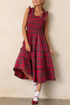 Damen Maxikleid mit voluminösen Rüschendetails und klassischen Karo-Muster R&B