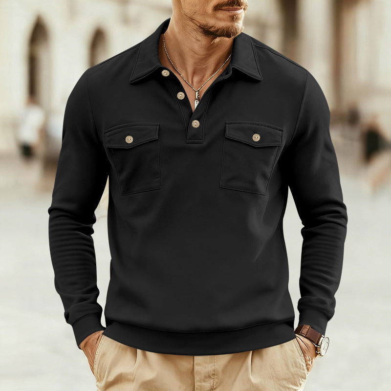 Herren nan figurbetontes Langarm-Poloshirt mit Hemdkragen und aufgesetzten Brustklappen R&B