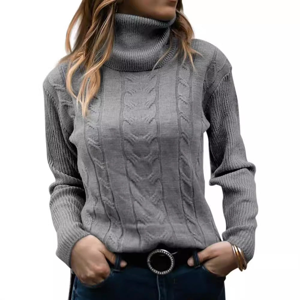 Damen Strickpullover mit Stehkragen und Zopfmuster R&B