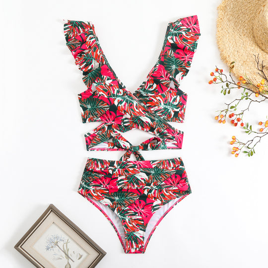 Damen Cropped Bikini-Set mit verspieltem Rüschendesign und elegantem Bindeträgersystem R&B