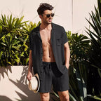 Herren nan zweiteiliges Sommer-Freizeitensemble mit offenem Revershemd und elastischer Kurzhose R&B