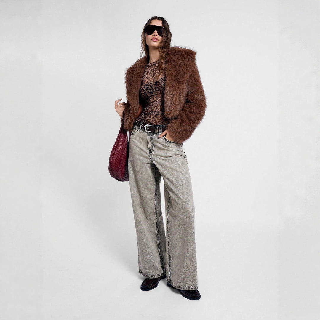 Damen nan figurnahes Netz-Longsleeve mit Leopardenmuster und seitlicher Raffung R&B