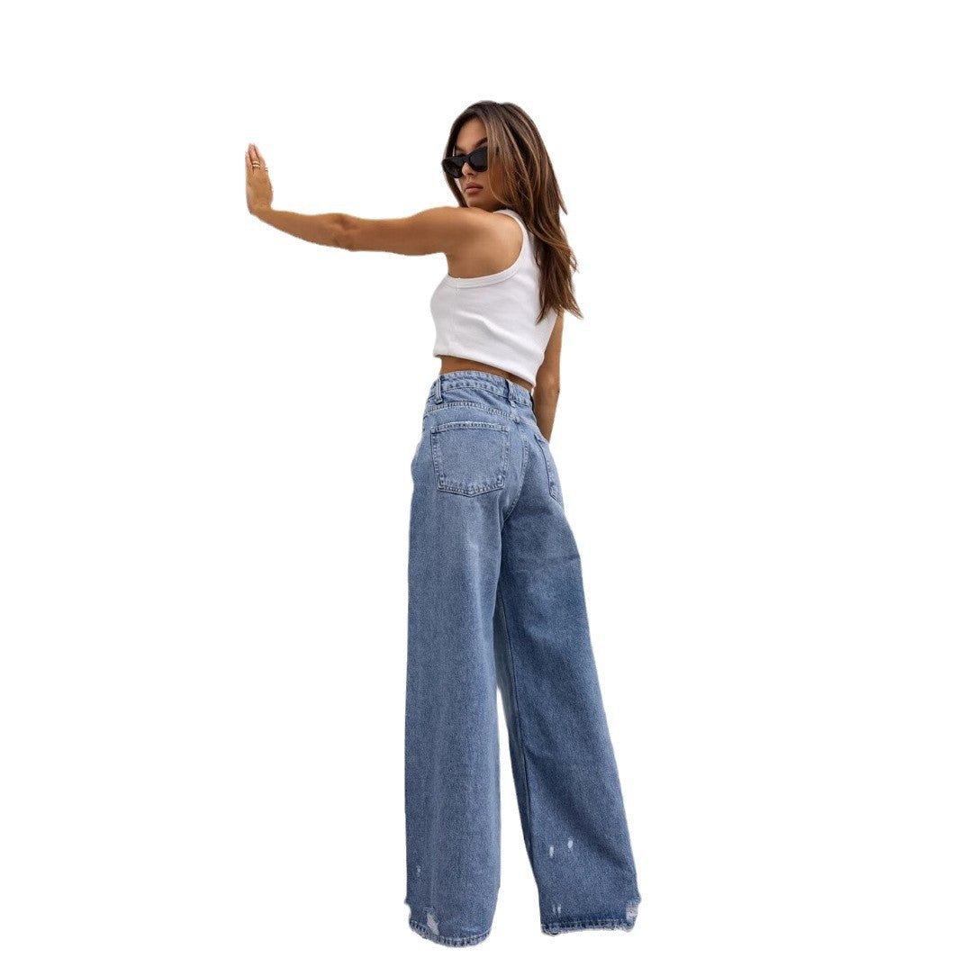 Damen Weite Jeans im Vintage-Stil mit hohen Taschen und trendigen Used-Effekten R&B