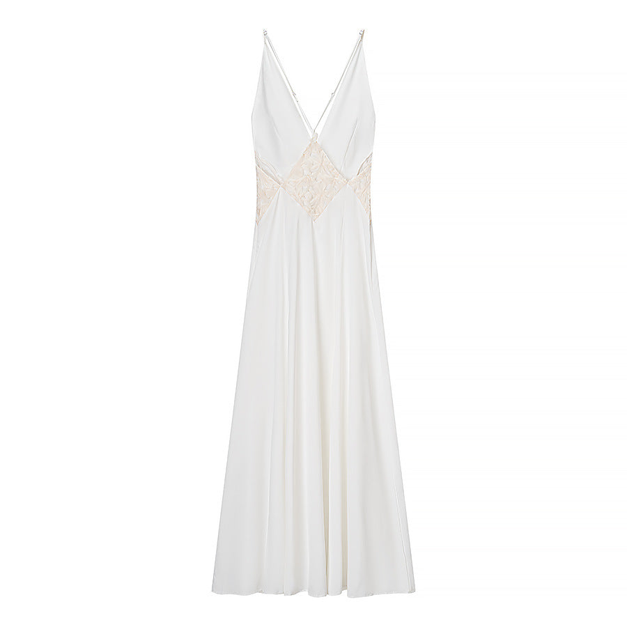 Damen Langarm Maxi-Kleid mit raffiniertem V-Ausschnitt und kunstvollem Spitzenbesatz R&B