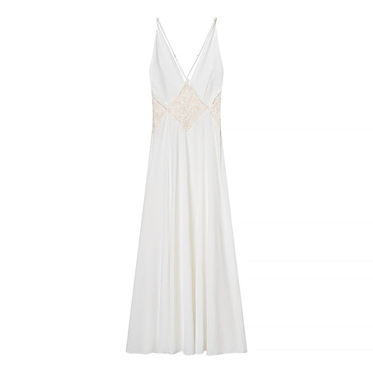 Damen Langarm Maxi-Kleid mit raffiniertem V-Ausschnitt und kunstvollem Spitzenbesatz R&B