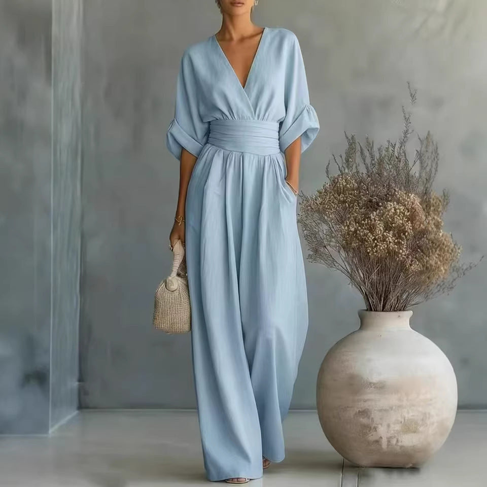 Damen Jumpsuit mit elegantem V-Ausschnitt und weitem Bein R&B
