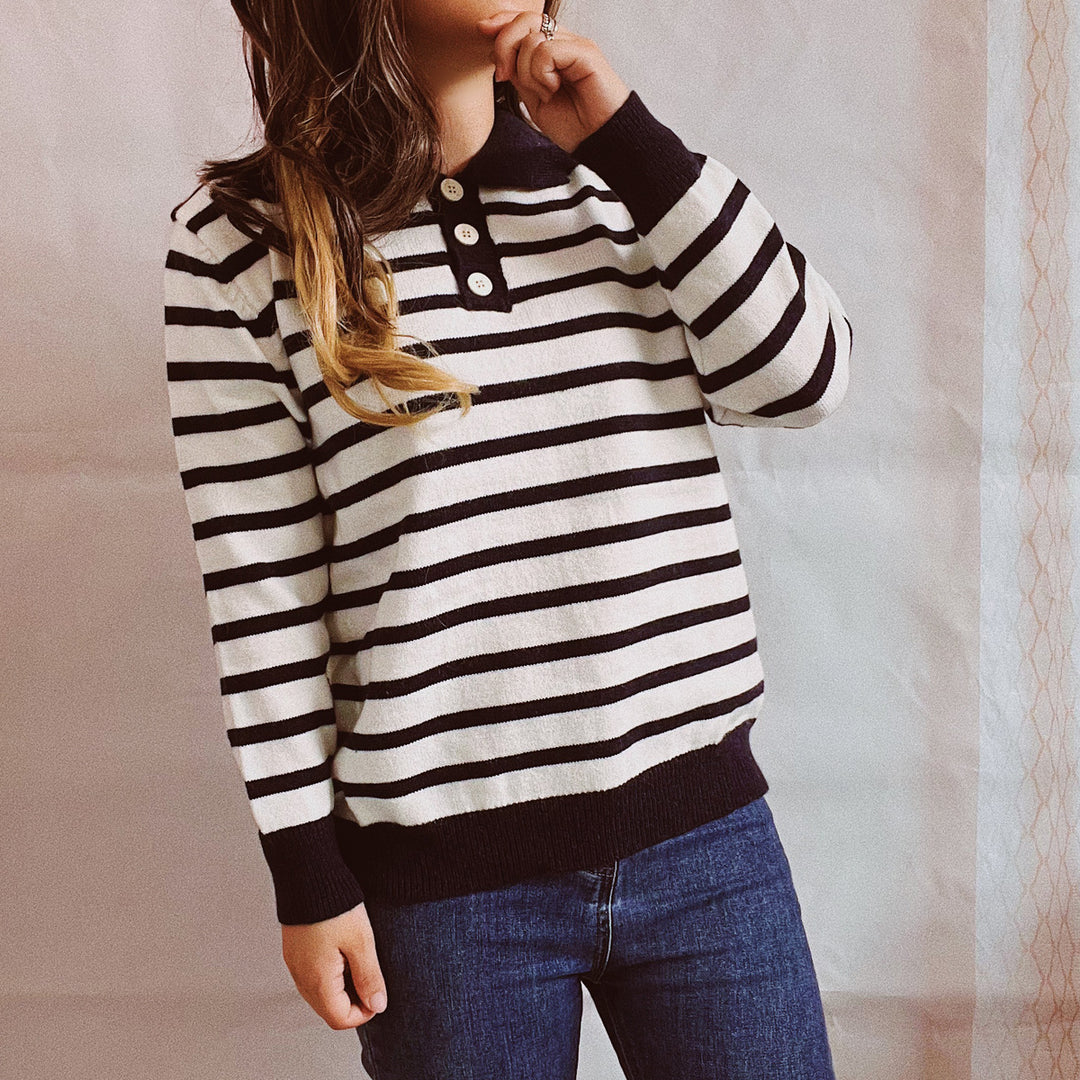 Damen legerer Streifenpullover mit Knopfleiste und weitem Schnitt R&B