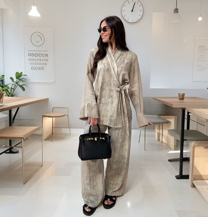 Damen lässiger Kimono-Hosenanzug mit Bindegürtel R&B