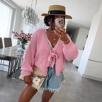 Damen lässige Strickjacke mit Bindeverschluss und weiten Ärmeln R&B