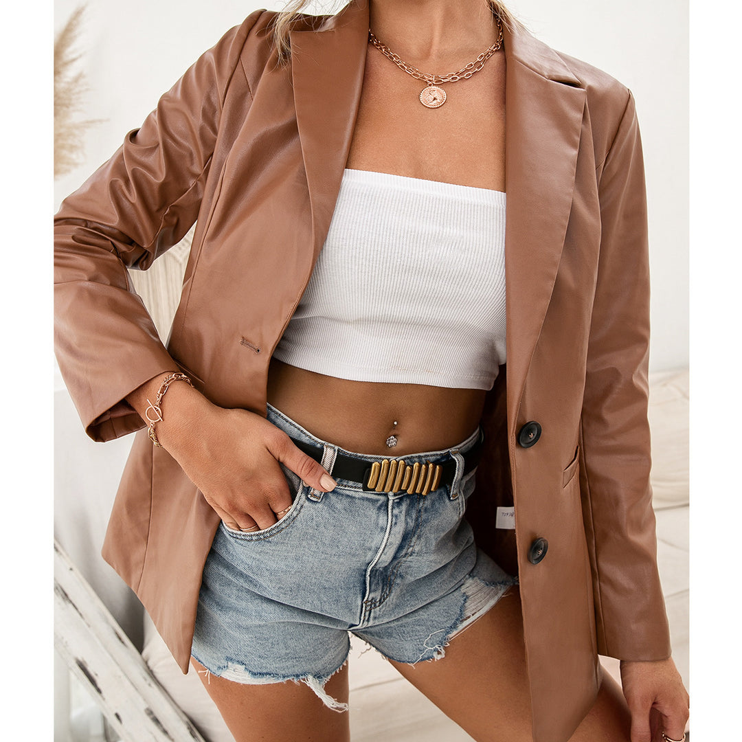 Damen elegante Kunstlederblazerjacke im zeitlosen Schnitt R&B