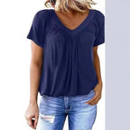 Damen luftige V-Ausschnitt Bluse mit Plissee und kurzen Ärmeln R&B