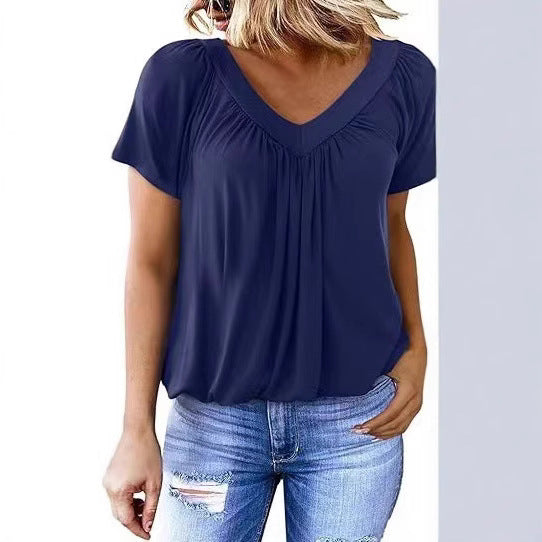 Damen luftige V-Ausschnitt Bluse mit Plissee und kurzen Ärmeln R&B