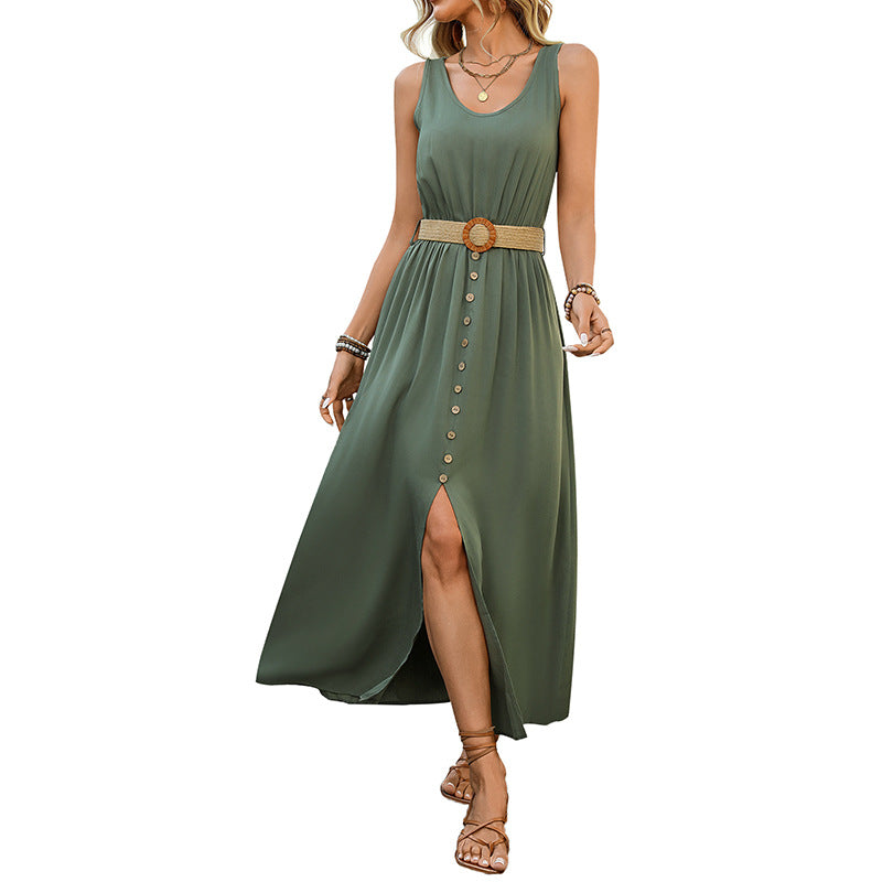 Damen Maxikleid mit Knopfleiste und Elegantem Schlitz R&B