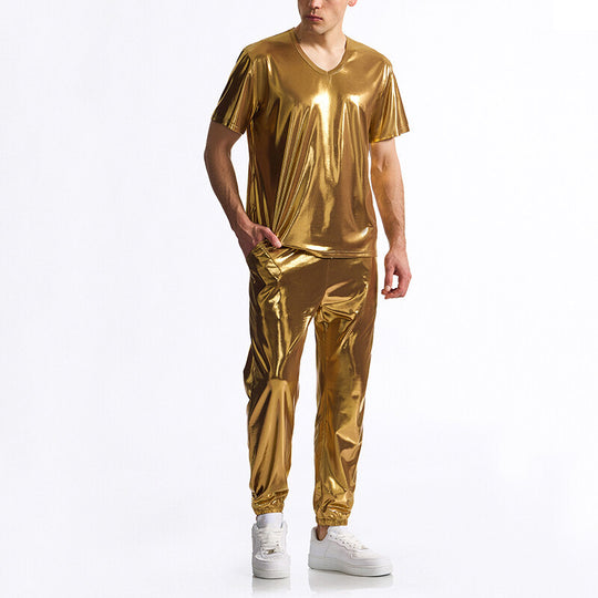 Herren glänzendes Sport-Outfit mit modernem V-Ausschnitt und elastischem Bund R&B
