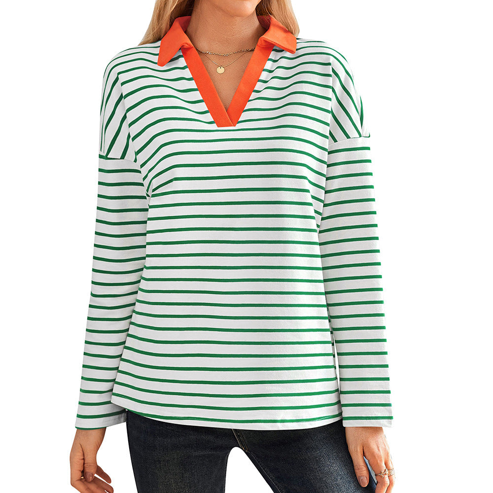 Damen gestreiftes Polo-Shirt mit V-Ausschnitt und kontrastierendem Kragen R&B
