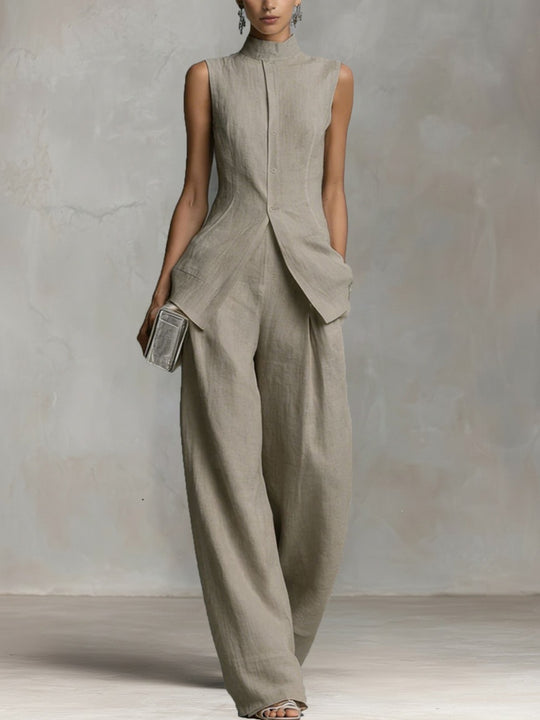 Damen Eleganter Jumpsuit mit hochgeschlossenem Kragen und weitem Bein R&B