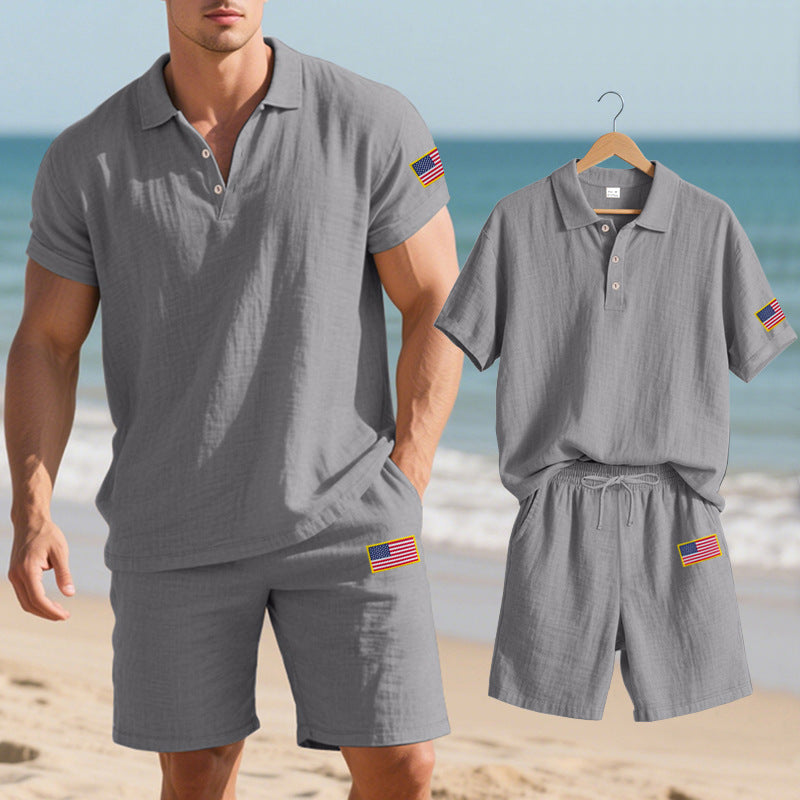 Herren Polo- und Shorts-Set mit gesticktem Länderflaggen-Motiv