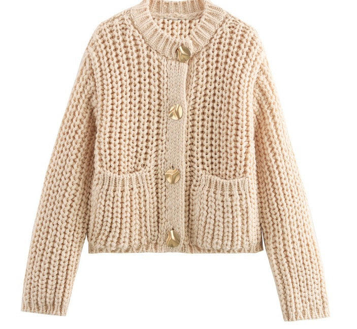 Damen kuschelige Strickjacke mit dekorativen Knöpfen und praktischen Taschen R&B