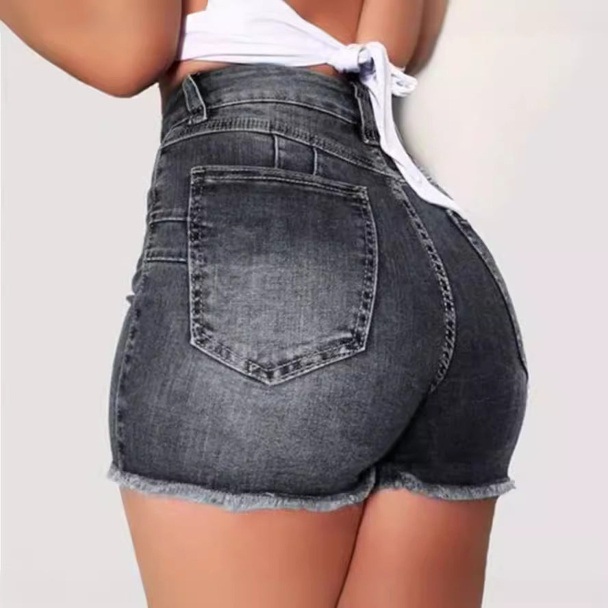 Damen Jeans-Shorts mit hohem Bund und ausgefranstem Saum R&B