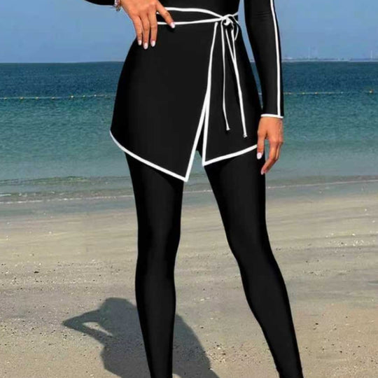 Damen modischer Langarm-Schwimmanzug mit Wickelrock R&B