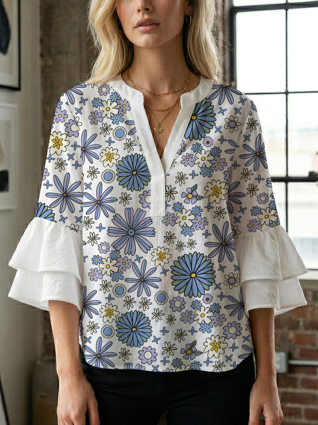 Damen Bluse mit voluminösen Ärmeln und floralem Design R&B