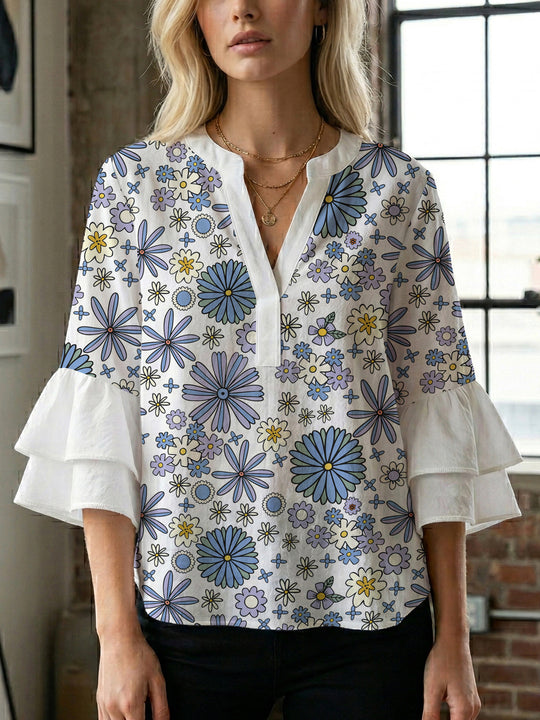 Damen Bluse mit voluminösen Ärmeln und floralem Design R&B