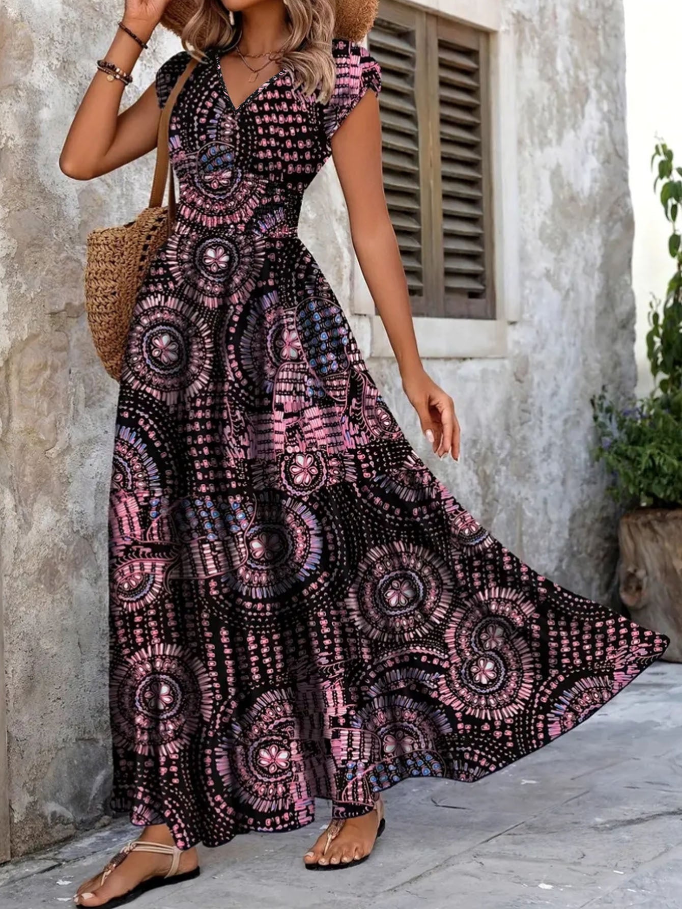 Damen Maxi-Kleid mit floralem Design und schmeichelndem V-Ausschnitt R&B