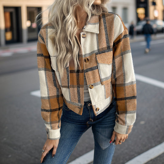 Damen Karierte Baumwolljacke mit modischem Schnitt und Taschen R&B