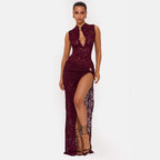 Damen Elegantes Spitzenkleid mit tiefem V-Ausschnitt und drapiertem Saum R&B