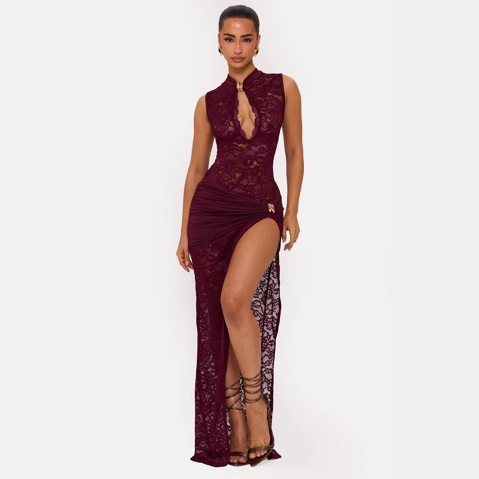 Damen Elegantes Spitzenkleid mit tiefem V-Ausschnitt und drapiertem Saum R&B