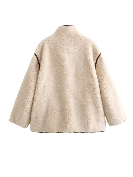 Damen Teddyfelljacke mit stylischem Stehkragen und praktischen Taschen R&B