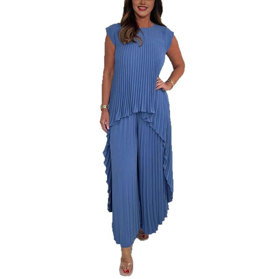 Damen elegantes Plissee-Jumpsuit mit asymmetrischem Saum und fließendem Design R&B