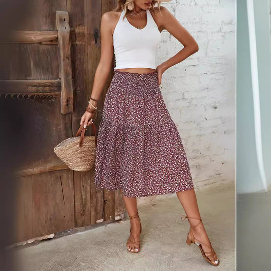 Damen Langer Rock mit floralem Print und elastischem Bund Heidi Mode