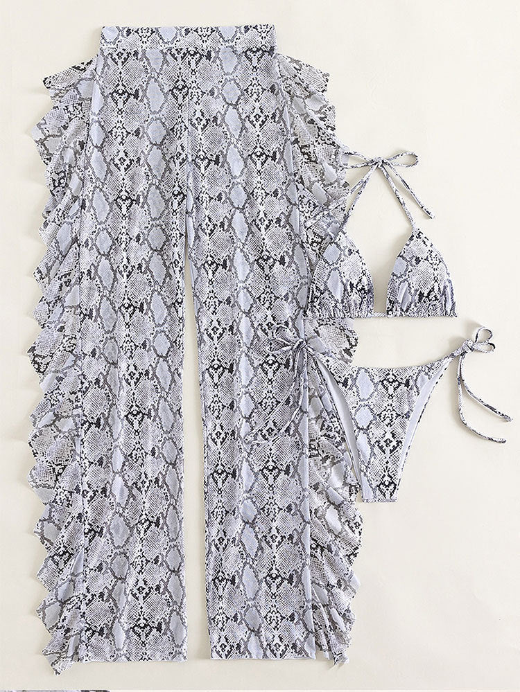 Damen Triangel-Bikini-Set mit fließendem Wickelrock und sportlichem Design R&B