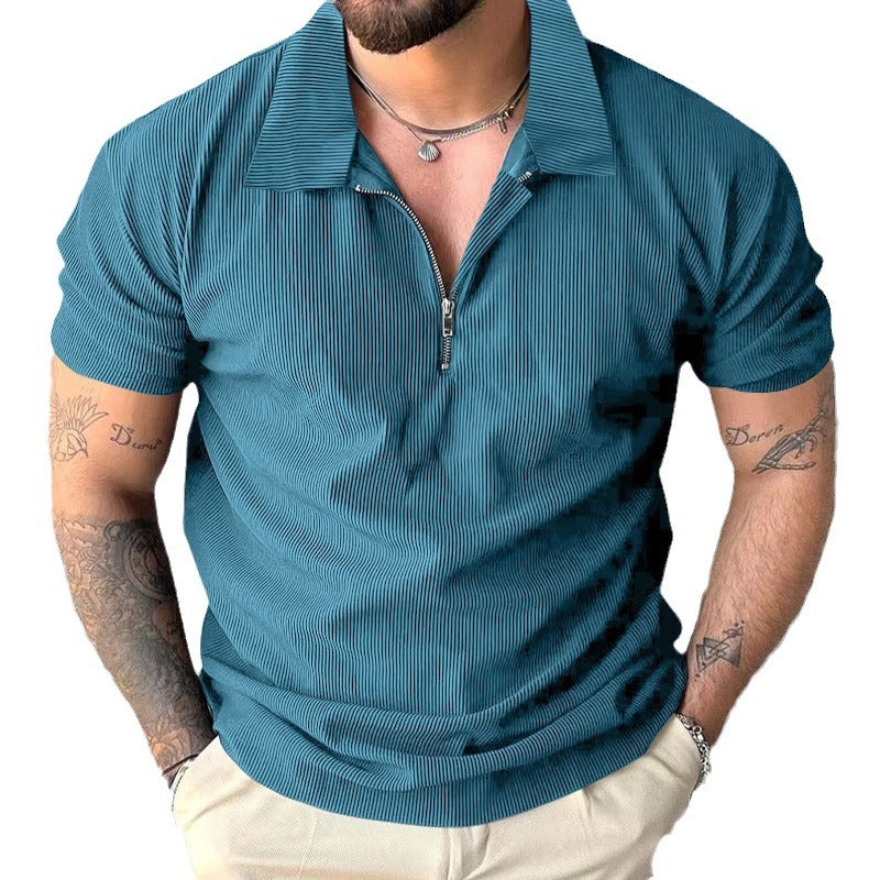 Herren modisches kurzärmliges Polo-Shirt mit lässigem Hochkragen und Reißverschluss R&B