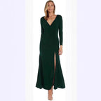 Damen elegantes Maxikleid mit hohem Schlitz und raffiniertem V-Ausschnitt R&B