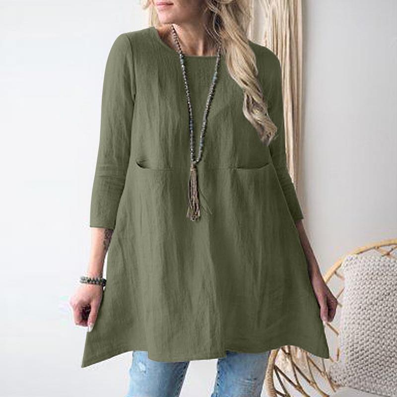 Damen lässiges Tunika-Kleid mit praktischen Taschen und 3/4-Ärmeln R&B