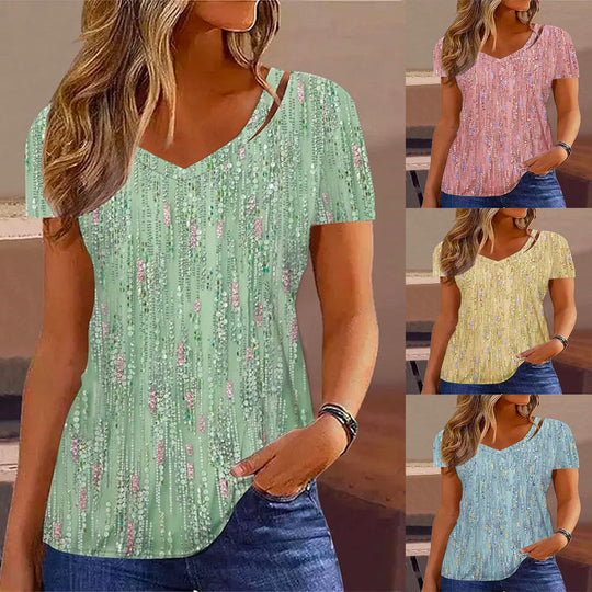 Damen V-Ausschnitt T-Shirt mit Glitzer-Detail und lockerer Passform R&B