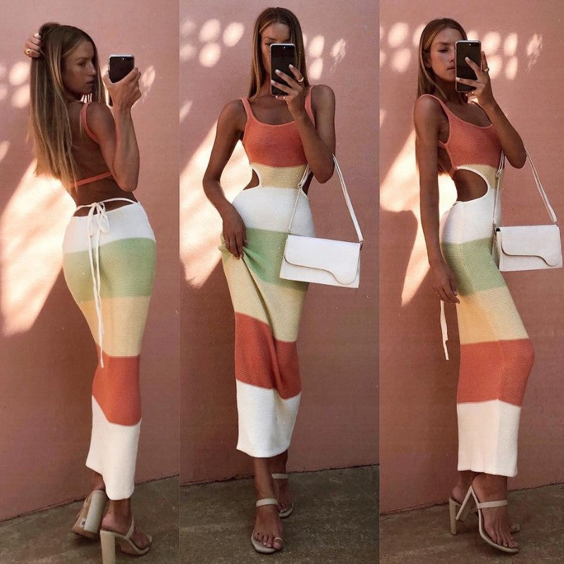Damen Maxi-Rock mit einzigartigem Cut-Out-Design und Streifenmuster R&B