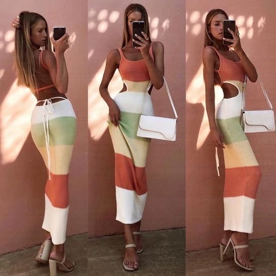 Damen Maxi-Rock mit einzigartigem Cut-Out-Design und Streifenmuster R&B