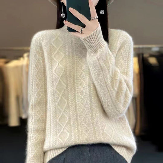 Damen Hochwertiger Strickpullover mit Stehkragen und Zopfdesign R&B