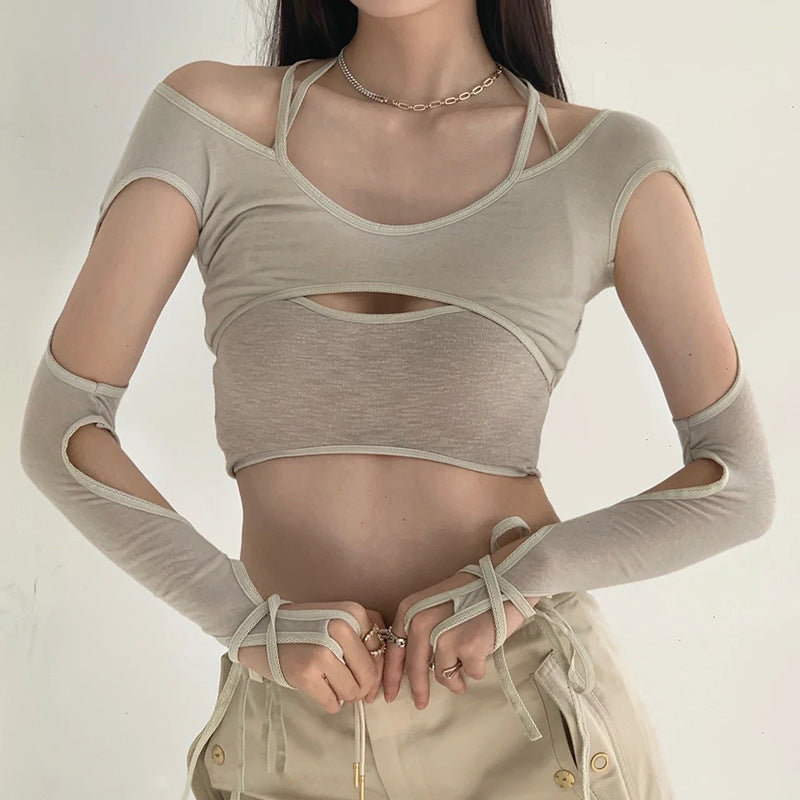 Damen Crop-Top mit raffinierten Rüschendetails und langärmligem Design R&B