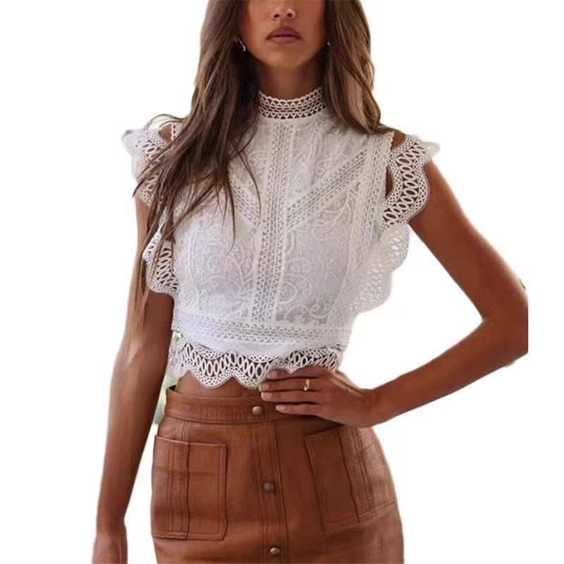 Damen elegante Spitzenbluse mit Rüschensaum R&B