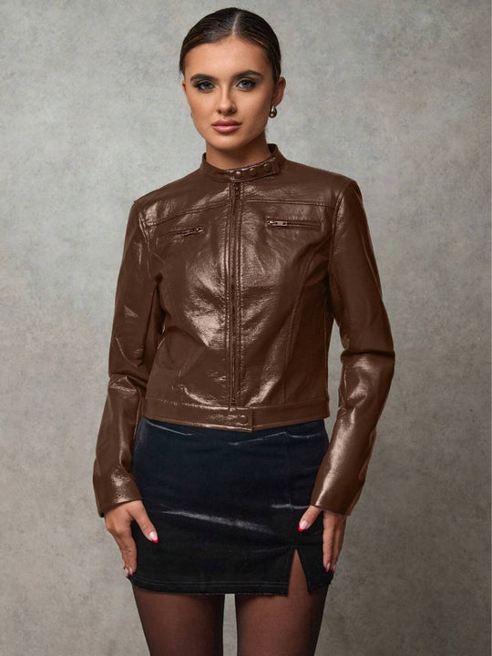 Damen Kurze Kunstlederjacke mit asymmetrischem Schnitt R&B