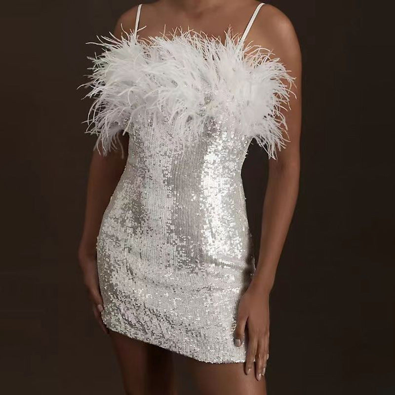 Damen Partykleid mit Pailletten und Federdetails R&B