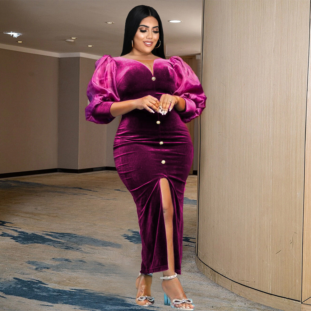 Damen Samtlangkleid mit Puffärmeln und subtilen Knopfdetails R&B