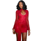 Damen Spitzen-Minikleid mit tiefem Ausschnitt und langen Ärmeln R&B