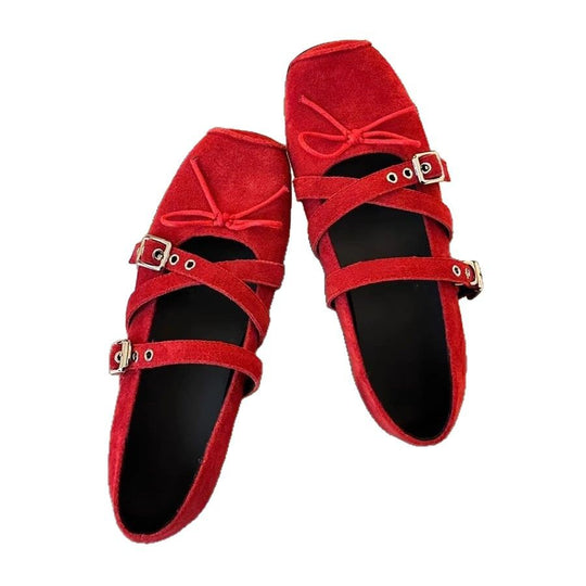 Damen Ballerina-Schuhe mit verspieltem Kreuzriemen und eleganter Schnallenverzierung R&B