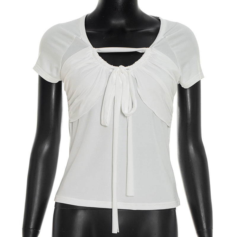 Damen figurbetontes Kurzarm-Top mit Rüschendetails und Bindeband R&B