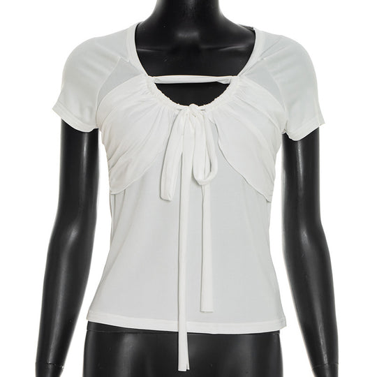 Damen figurbetontes Kurzarm-Top mit Rüschendetails und Bindeband R&B